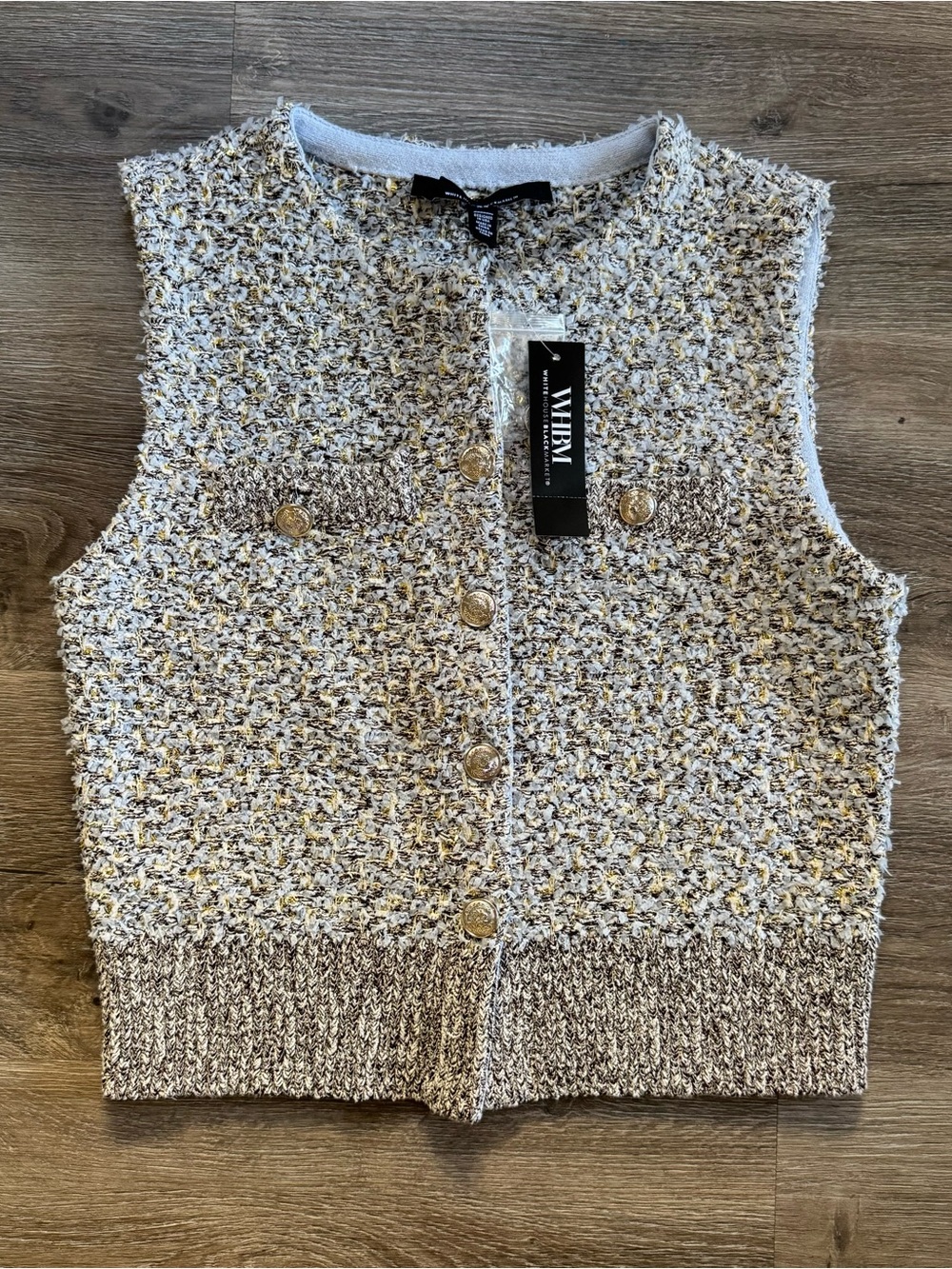 WHBM NWT Tweed Knit Vest Chambray Blue Gold Brown Silver Sleeveless Top XS